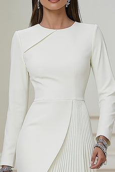 Queendancer Women Ivory Pleated Short Work Dress Long Sleeves Pencil Round Neck Business Dress