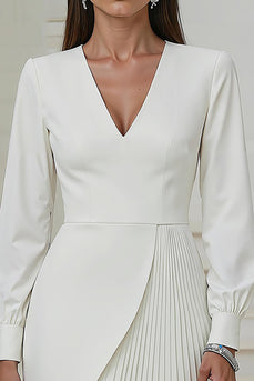 Ivory Pencil V-Neck Pleated Long Sleeves Mini Work Dress