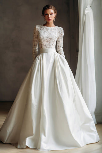 Ivory A Line Boat Neck Sweep Train Long Sleeves Wedding Dress with Lace
