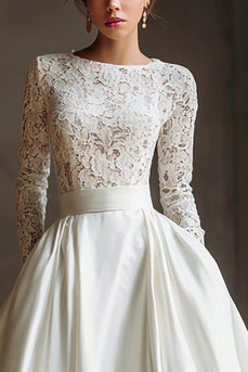 Ivory A Line Boat Neck Sweep Train Long Sleeves Wedding Dress with Lace