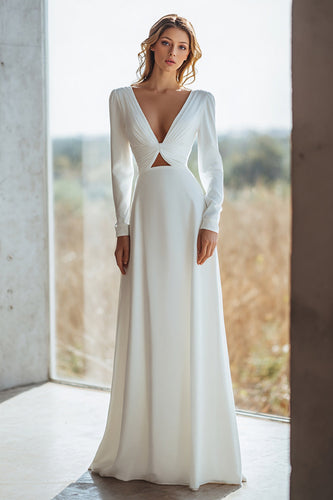 Ivory V-Neck A Line Long Sleeves Floor Length Wedding Dress with Sleeves