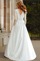 Load image into Gallery viewer, Ivory Satin V-Neck A Line Long Sleeves Sweep Train Wedding Dress with Lace