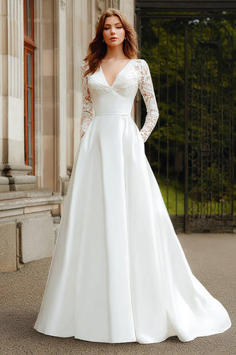 Ivory Satin V-Neck A Line Long Sleeves Sweep Train Wedding Dress with Lace