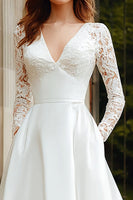 Load image into Gallery viewer, Ivory Satin V-Neck A Line Long Sleeves Sweep Train Wedding Dress with Lace