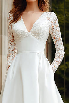 Ivory Satin V-Neck A Line Long Sleeves Sweep Train Wedding Dress with Lace