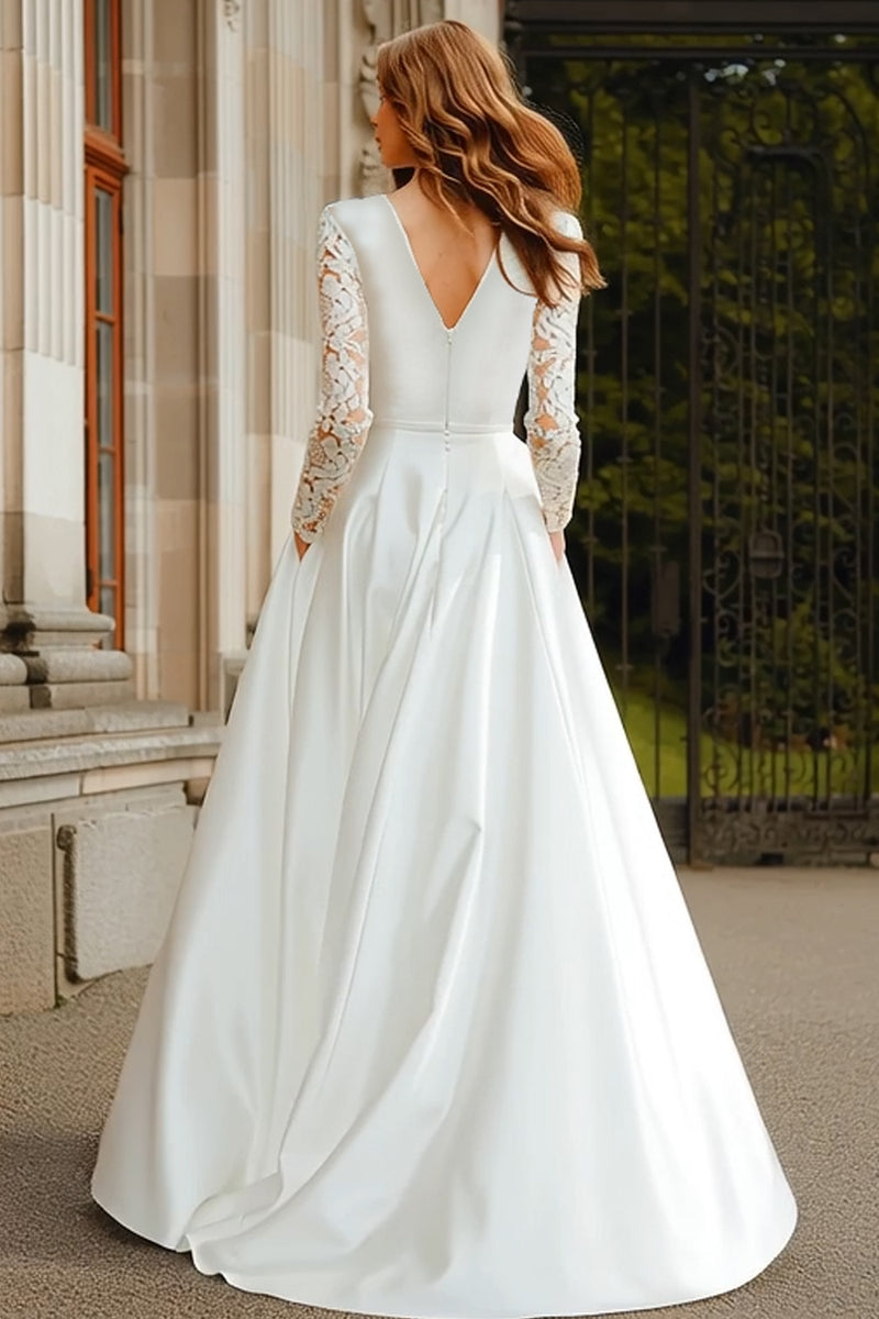 Load image into Gallery viewer, Ivory Satin V-Neck A Line Long Sleeves Sweep Train Wedding Dress with Lace