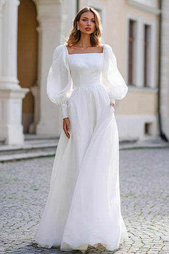 Ivory Chiffon A Line Square Neck Puff Sleeves Floor Length Wedding Dress