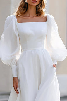 Ivory Chiffon A Line Square Neck Puff Sleeves Floor Length Wedding Dress