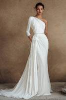 Load image into Gallery viewer, Ivory One Shoulder 3/4 Sleeves Sweep Train Wedding Dress with Side Cape