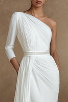 Load image into Gallery viewer, Ivory One Shoulder 3/4 Sleeves Sweep Train Wedding Dress with Side Cape