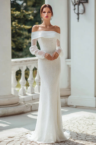 Ivory Mermaid Off The Shoulder Sweep Train Long Sleeves Wedding Dress