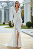 Load image into Gallery viewer, Ivory Mermaid V-Neck Sweep Train Long Sleeves Wedding Dress with Slit