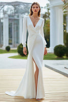 Load image into Gallery viewer, Ivory Mermaid V-Neck Sweep Train Long Sleeves Wedding Dress with Slit