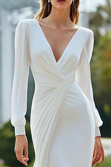 Ivory Mermaid V-Neck Sweep Train Long Sleeves Wedding Dress with Slit
