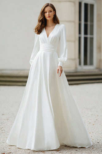 Simple Ivory Satin A Line V-Neck Long Sleeves Floor Length Wedding Dress