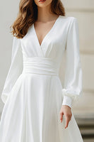 Load image into Gallery viewer, Simple Ivory Satin A Line V-Neck Long Sleeves Floor Length Wedding Dress