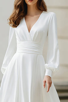 Simple Ivory Satin A Line V-Neck Long Sleeves Floor Length Wedding Dress