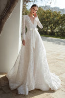 Load image into Gallery viewer, Ivory Lace A Line V-Neck Sweep Train Long Sleeves Wedding Dress with Bow