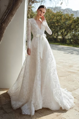 Ivory Lace A Line V-Neck Sweep Train Long Sleeves Wedding Dress with Bow