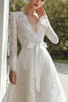 Ivory Lace A Line V-Neck Sweep Train Long Sleeves Wedding Dress with Bow