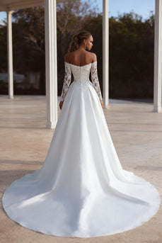 Ivory Satin Off The Shoulder Sweep Train Long Sleeves Wedding Dress with Lace