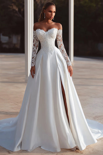 Ivory Satin Off The Shoulder Sweep Train Long Sleeves Wedding Dress with Lace