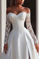 Load image into Gallery viewer, Ivory Satin Off The Shoulder Sweep Train Long Sleeves Wedding Dress with Lace