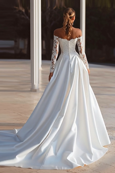 Ivory Satin Off The Shoulder Sweep Train Long Sleeves Wedding Dress with Lace