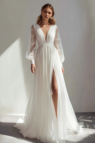 Ivory Chiffon V-Neck A Line Pleated Sweep Train Wedding Dress with Slit