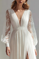 Load image into Gallery viewer, Ivory Chiffon V-Neck A Line Pleated Sweep Train Wedding Dress with Slit