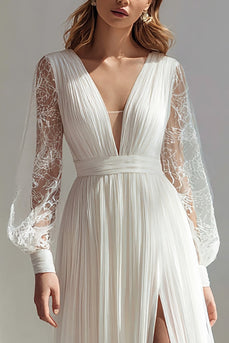 Ivory Chiffon V-Neck A Line Pleated Sweep Train Wedding Dress with Slit