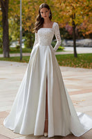 Load image into Gallery viewer, Ivory Satin A Line Square Neck Sweep Train Long Sleeves Wedding Dress with Slit