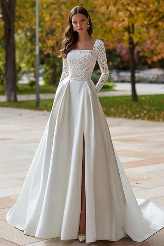 Ivory Satin A Line Square Neck Sweep Train Long Sleeves Wedding Dress with Slit