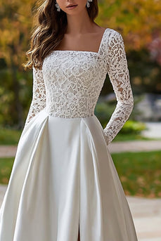 Ivory Satin A Line Square Neck Sweep Train Long Sleeves Wedding Dress with Slit