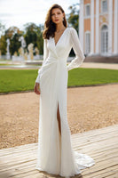 Load image into Gallery viewer, Ivory V-Neck Long Sleeves Chiffon Sheath Sweep Train Wedding Dress with Slit
