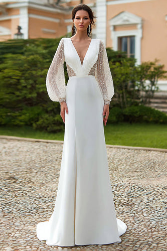 Sparkly Ivory Sheath V-Neck Long Sleeves Sweep Train Wedding Dress