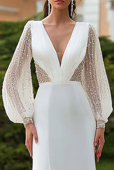 Sparkly Ivory Sheath V-Neck Long Sleeves Sweep Train Wedding Dress