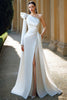 Load image into Gallery viewer, Ivory Satin One Shoulder Ruffled Long Sleeves Sweep Train Wedding Dress with Slit