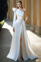 Load image into Gallery viewer, Ivory Satin One Shoulder Ruffled Long Sleeves Sweep Train Wedding Dress with Slit