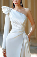 Load image into Gallery viewer, Ivory Satin One Shoulder Ruffled Long Sleeves Sweep Train Wedding Dress with Slit