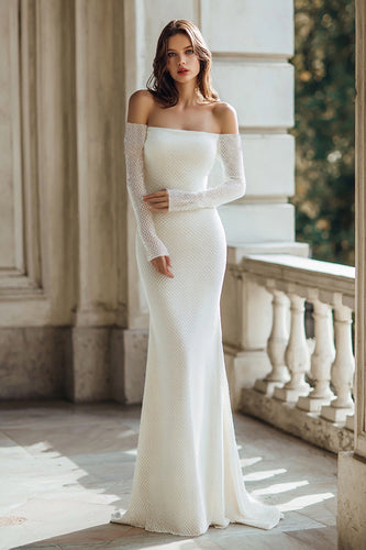 Sparkly Ivory Mermaid Sweep Train Long Sleeves Wedding Dress
