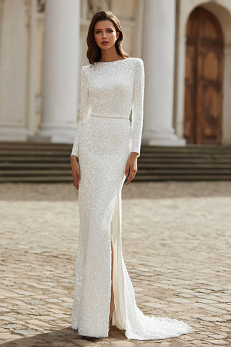 Sparkly Ivory Mermaid Bateau Neck Sweep Train Sequins Wedding Dress with Slit