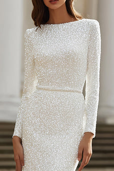 Sparkly Ivory Mermaid Bateau Neck Sweep Train Sequins Wedding Dress with Slit