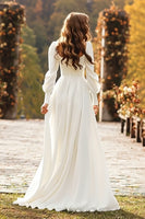Load image into Gallery viewer, Simple Ivory A Line Square Neck Long Sleeves Sweep Train Wedding Dress