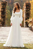 Load image into Gallery viewer, Simple Ivory A Line Square Neck Long Sleeves Sweep Train Wedding Dress