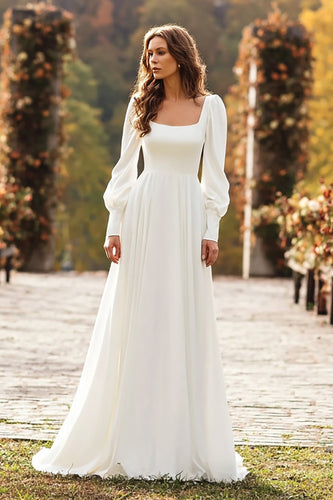 Simple Ivory A Line Square Neck Long Sleeves Sweep Train Wedding Dress