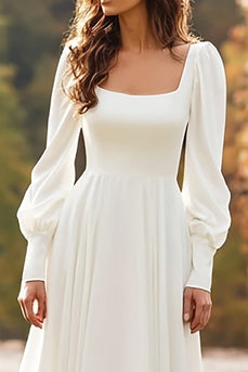 Simple Ivory A Line Square Neck Long Sleeves Sweep Train Wedding Dress
