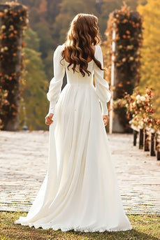 Simple Ivory A Line Square Neck Long Sleeves Sweep Train Wedding Dress