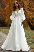 Load image into Gallery viewer, Ivory A Line V-Neck Long Sleeves Sweep Train Wedding Dress