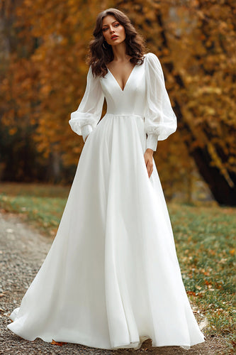 Ivory A Line V-Neck Long Sleeves Sweep Train Wedding Dress